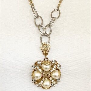 DOLCE & GABBANA Gold Plated Faux Pearl Crystal Cross Pendant Chain Necklace RARE